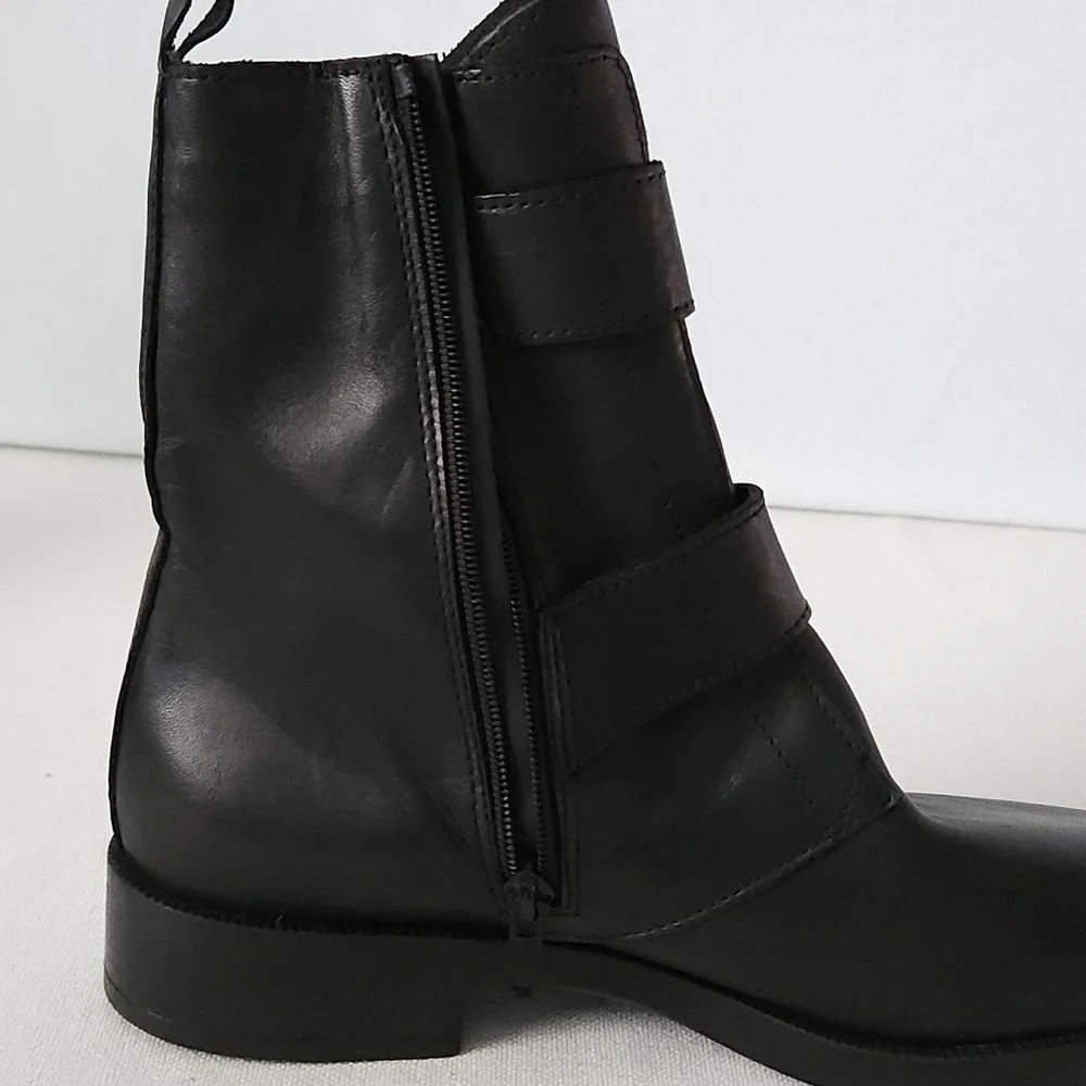 Emanuele Crasto Black Leather‎ Buckle Boots 38 US 8 Made Italy Mob Wife Moto
